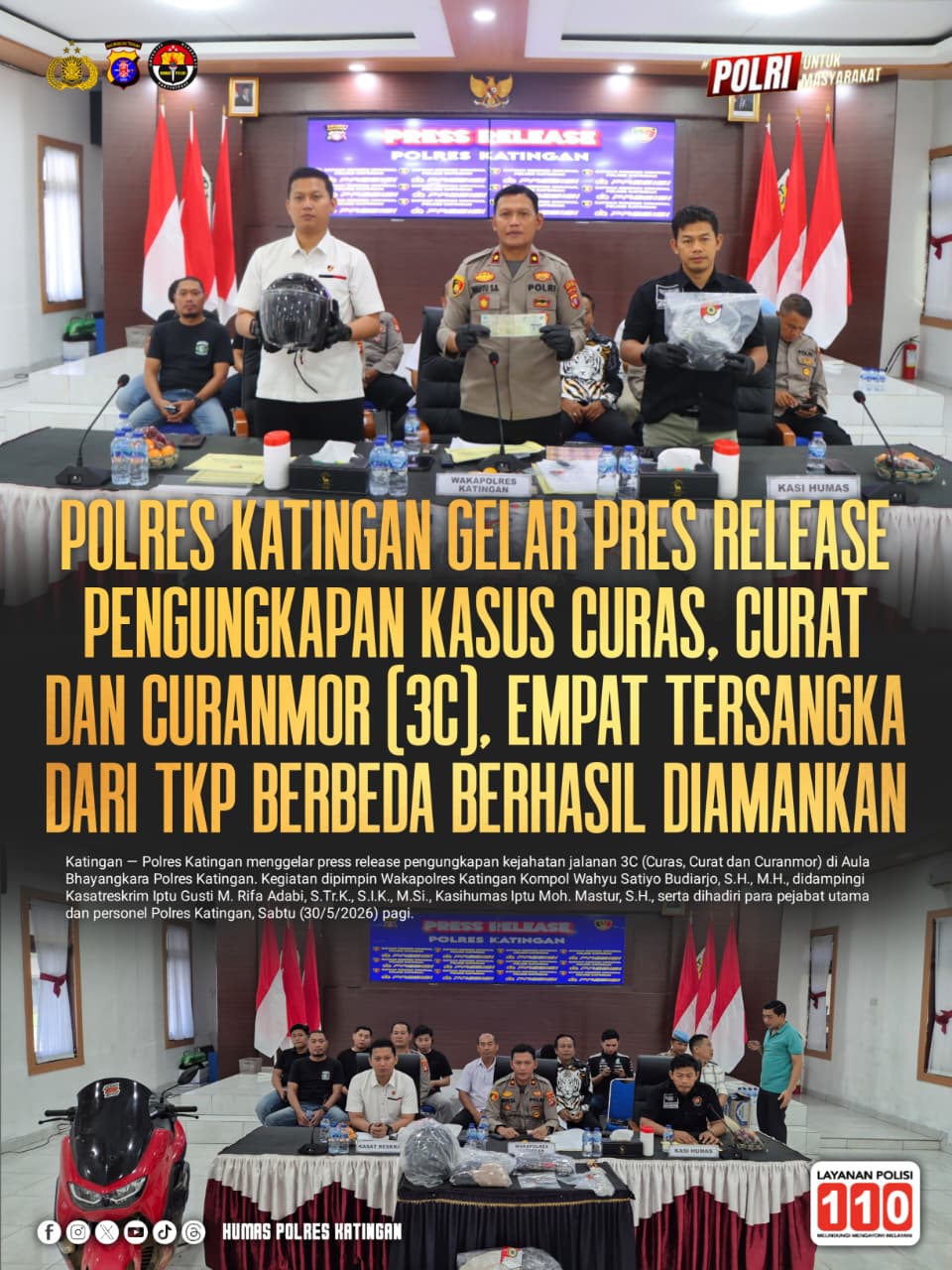 Polres Katingan Gelar Pres Release Pengungkapan Kasus Curas, Curat dan Curanmor (3C), Empat Tersangka dari TKP Berbeda Berhasil Diamankan