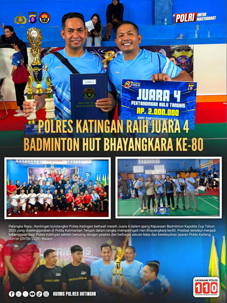 Polres Katingan Raih Juara 4 Badminton HUT Bhayangkara ke-80